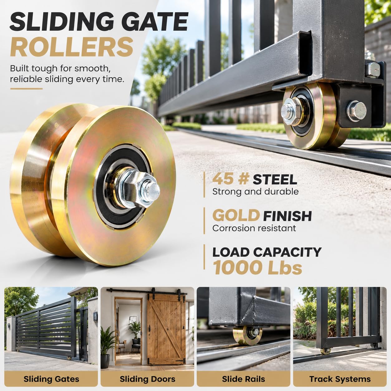 Goaste 2 Pack 4" Solid Slide V Groove Wheels, Heavy Duty Sliding Gate Casters, 1-3/4" Width Rolling Gate Wheels with Screw & Double Bearings for Industrial Machines Rail, Load Capacity 1000 Lbs — Amazon image 6