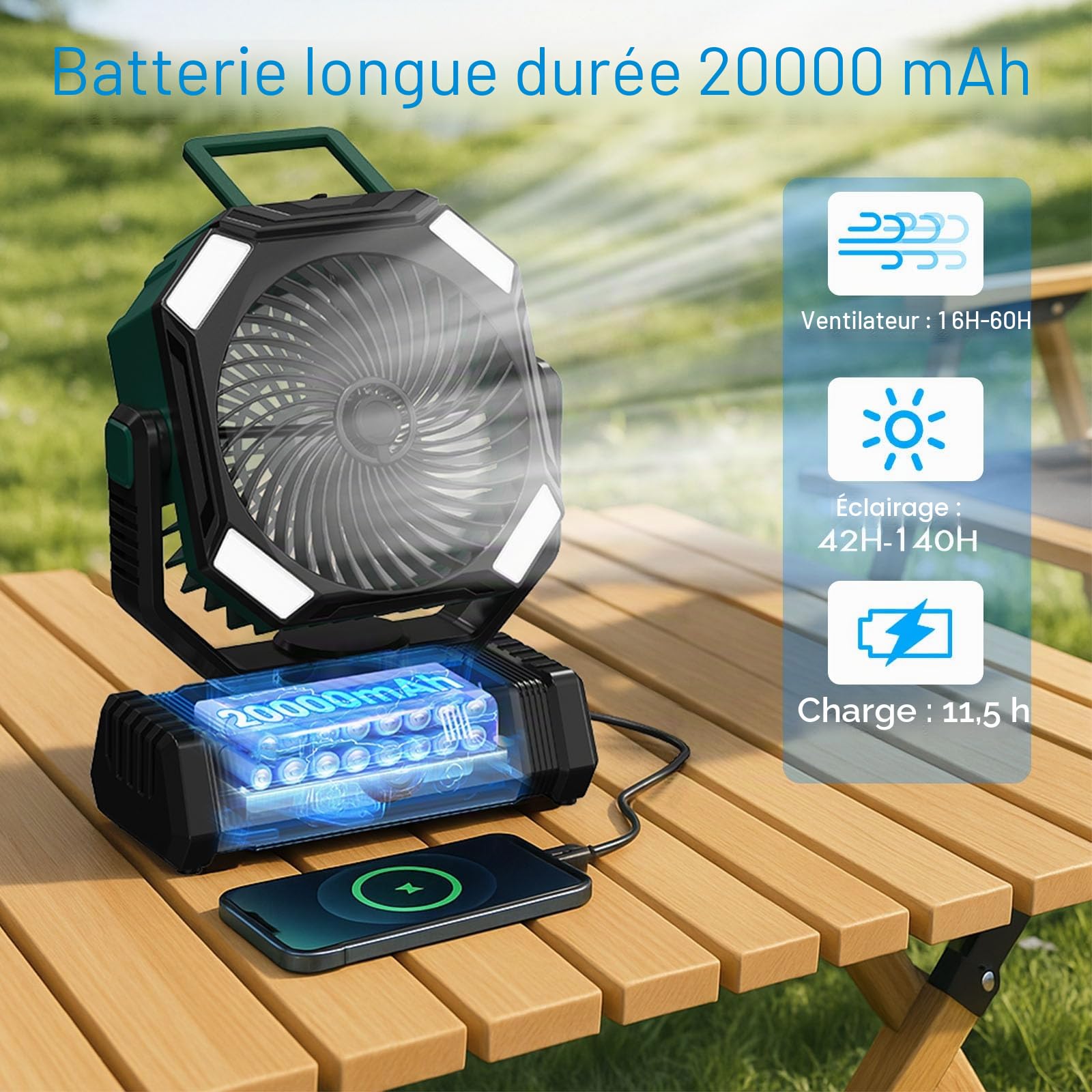 Ventilateur Brumisateur Portable 20000mAh, Réservoir 300ml, Oscillation 45°-90°, Rotation 270°, Télécommande, LED, Ventilateur Camping Rechargeable pour Extérieur, Tente, Bureau