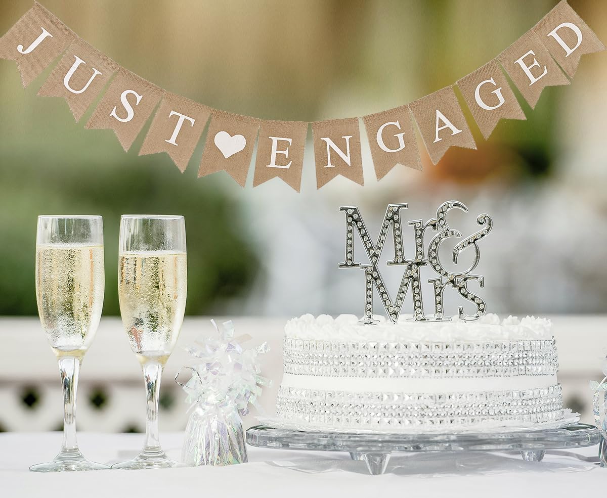 Just Engaged Banner Sign, Rustic Burlap Engagement Party Decorations, Pre-strung