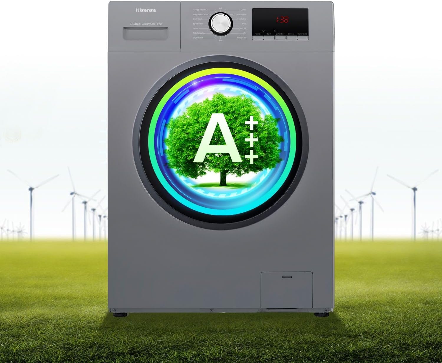 Hisense WFQP9012VMT 9kg Front Loader Washing Machine with an A+++ energy efficiency rating graphic.