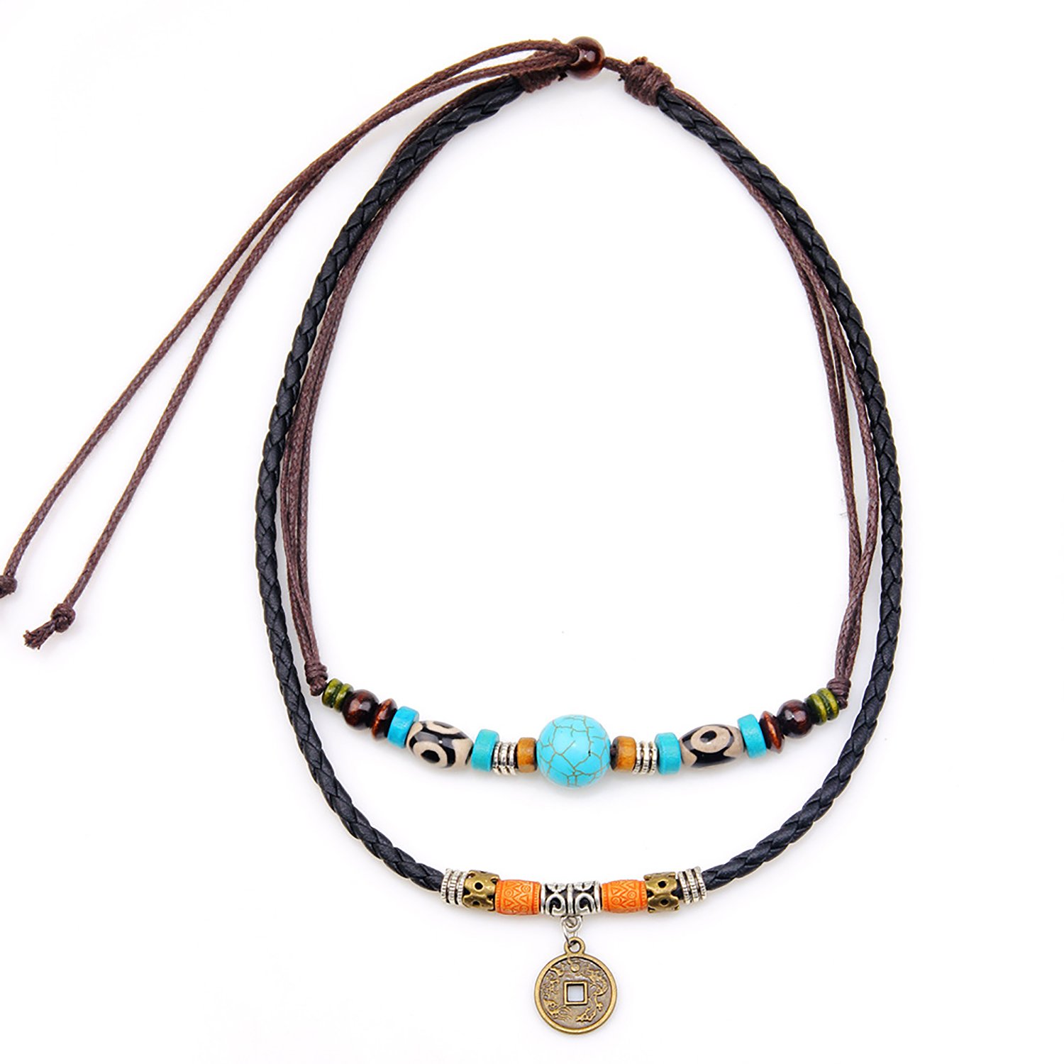 Valentine Gift MenTastic Black Leather Brown Rope Wooden Beads Necklace for Men Princess Length Multilayer Turquoise Vintage Gold Coin Pendant for Boys Fancy Fashion Jewelry-image-45