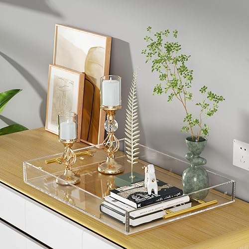Miniatura 5 de NIUBEE Bandeja transparente para servir de 12 x 16 pulgadas, a prueba de derrames, bandeja organizadora decorativa de acrílico para mesa de café