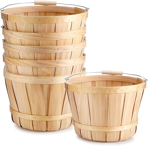 Paquete de 6 cestas redondas de madera con asas, cubos de frutas de madera vegetal, cestas de madera con virutas de flores, cestas de madera