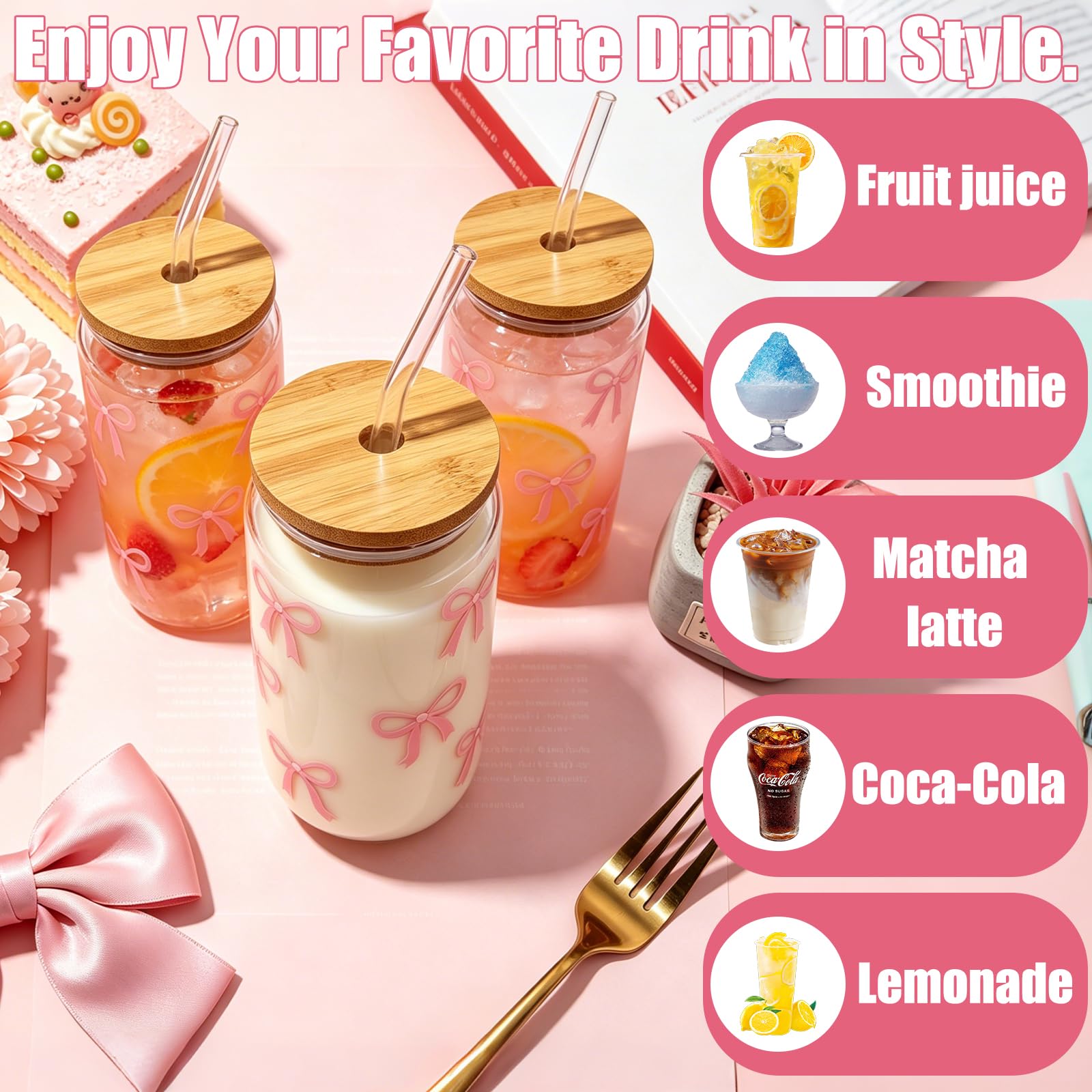2 bicchieri con cannuccia e coperchio, bicchieri da 16 Oz Matcha, vetro a forma di lattina, bicchieri da tè a bolla con spazzola, bicchieri rosa Aesthetic per bevande, succhi di frutta, caffè