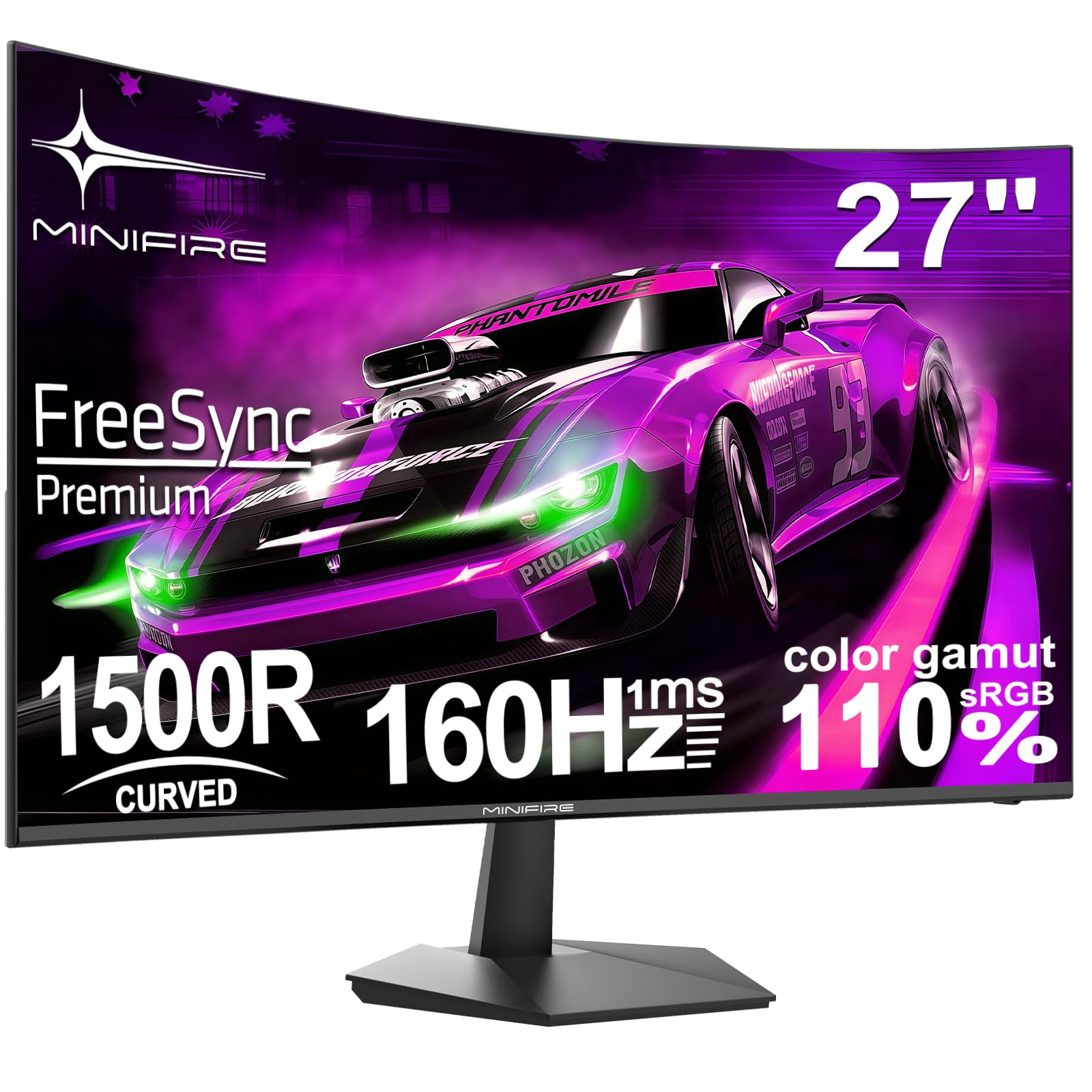 Minifire 27 Inch Curved Gaming Monitor 160Hz, FHD 1920x1080, PC