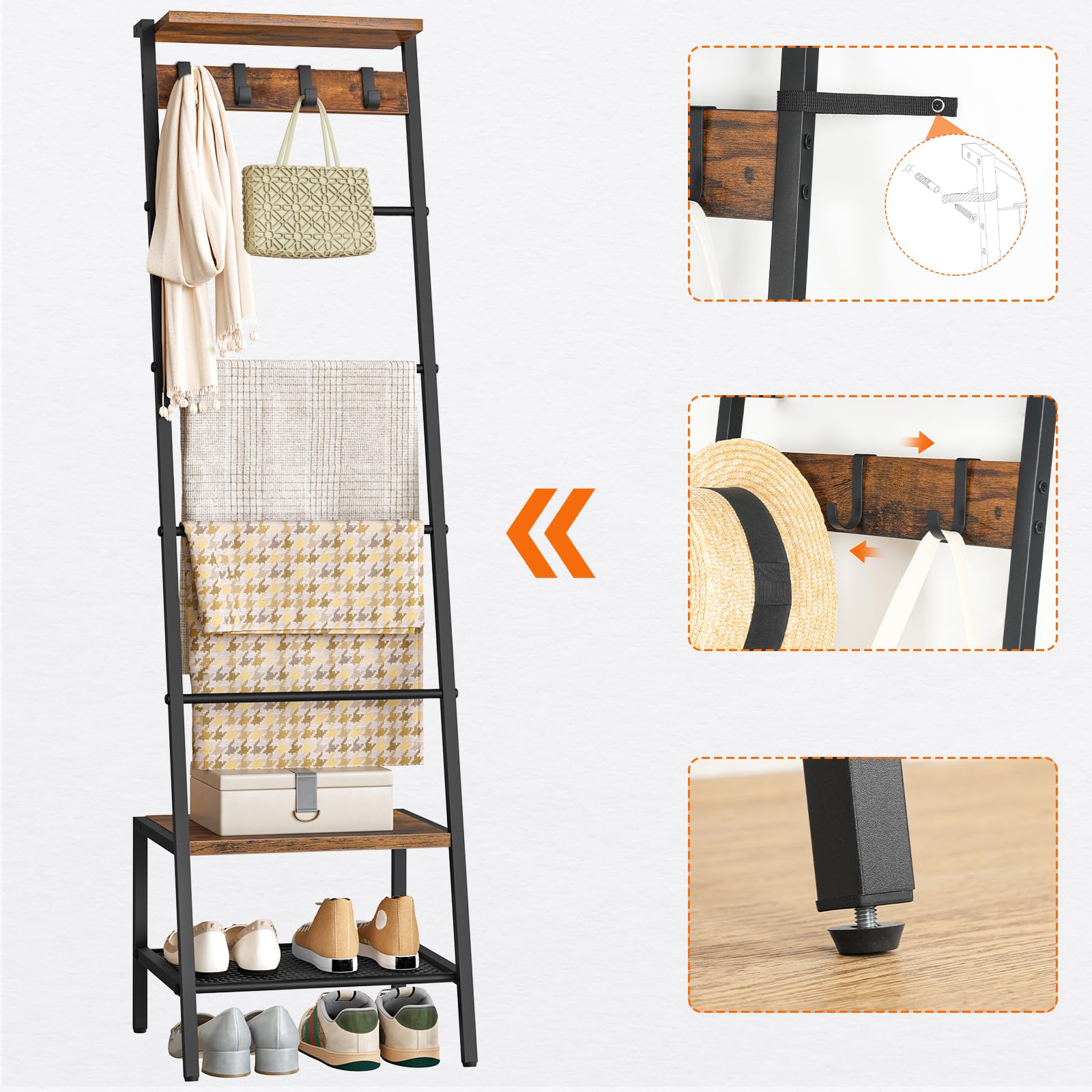 HOOBRO Toallero Escalera, Estantería para Mantas de * Niveles, para Salón y Dormitorio, con Ganchos, Marco de Metal, Forma de Jirafa, Estilo Industrial, Marrón Rústico y Negro EBF13CJ01