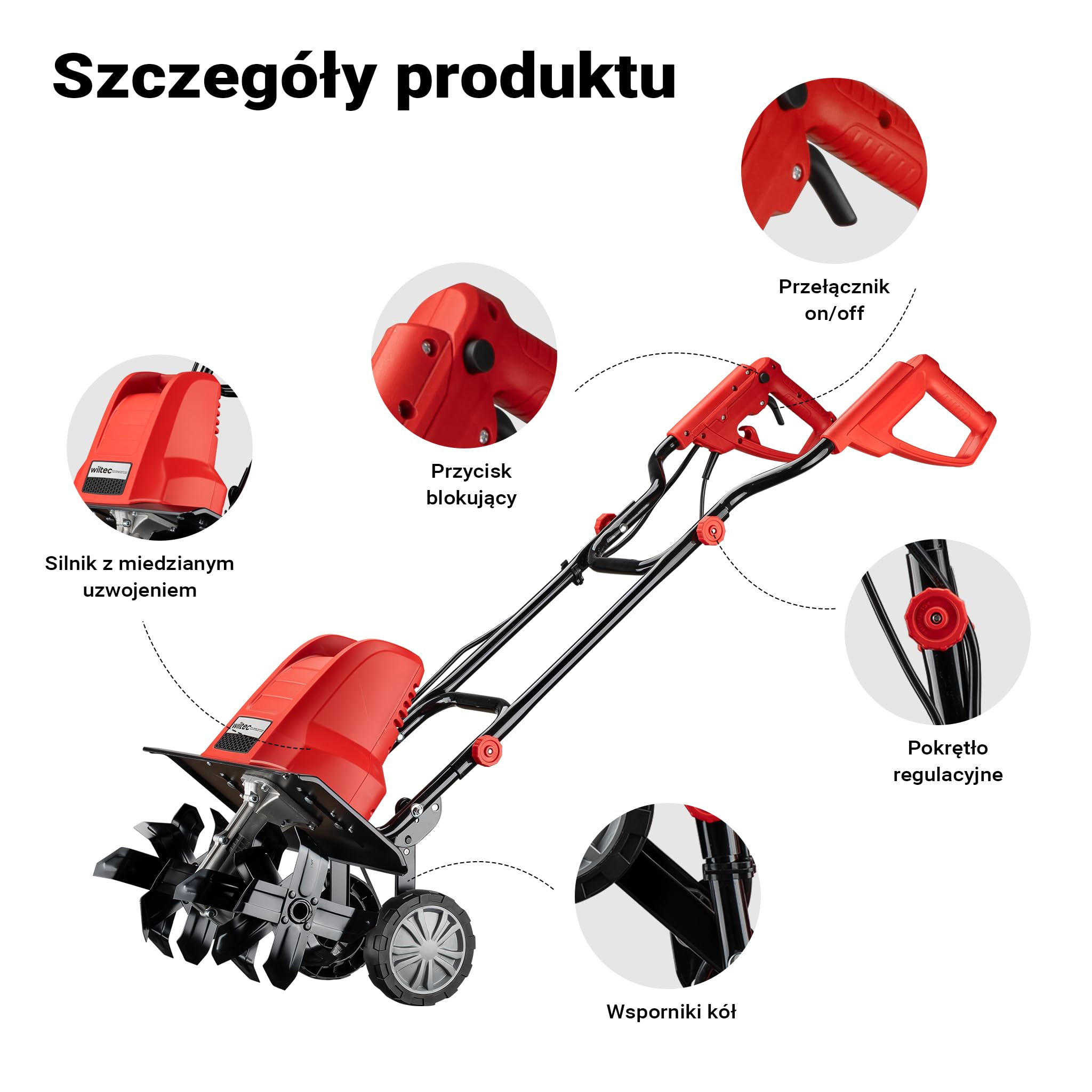Wiltec Elektryczna glebogryzarka o mocy 1500 W, kultywator ogrodowy z 24 nożami o długości 220 mm i prędkością jodłową 400 obr/min