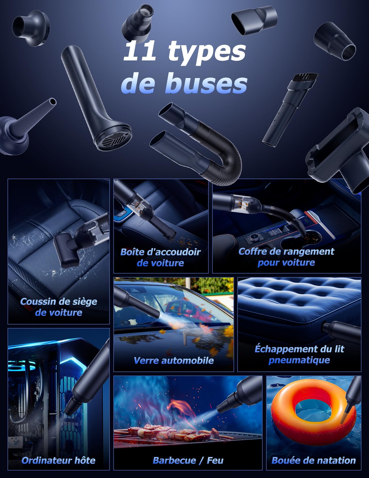 Aspirador de Mano, 16000PA Aspiradora de Mano 9 en 1 con Motor sin Escobillas, Aspirador sin Cable con 2 Niveles de Succión, Aspirador de Mano Potente para PC,Casa,Rincones,Oficina,Pelo de Mascota