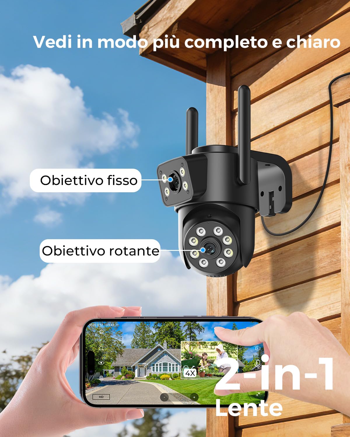Reobiux 2K Telecamera Wi-Fi Esterno con Doppia Lente, 360° PTZ 2,4/5GHz Videocamera Sorveglianza Esterno, Colori Visione Notturna, Tracciamento Automatico del Movimento, Registrazione 24/7, IP66