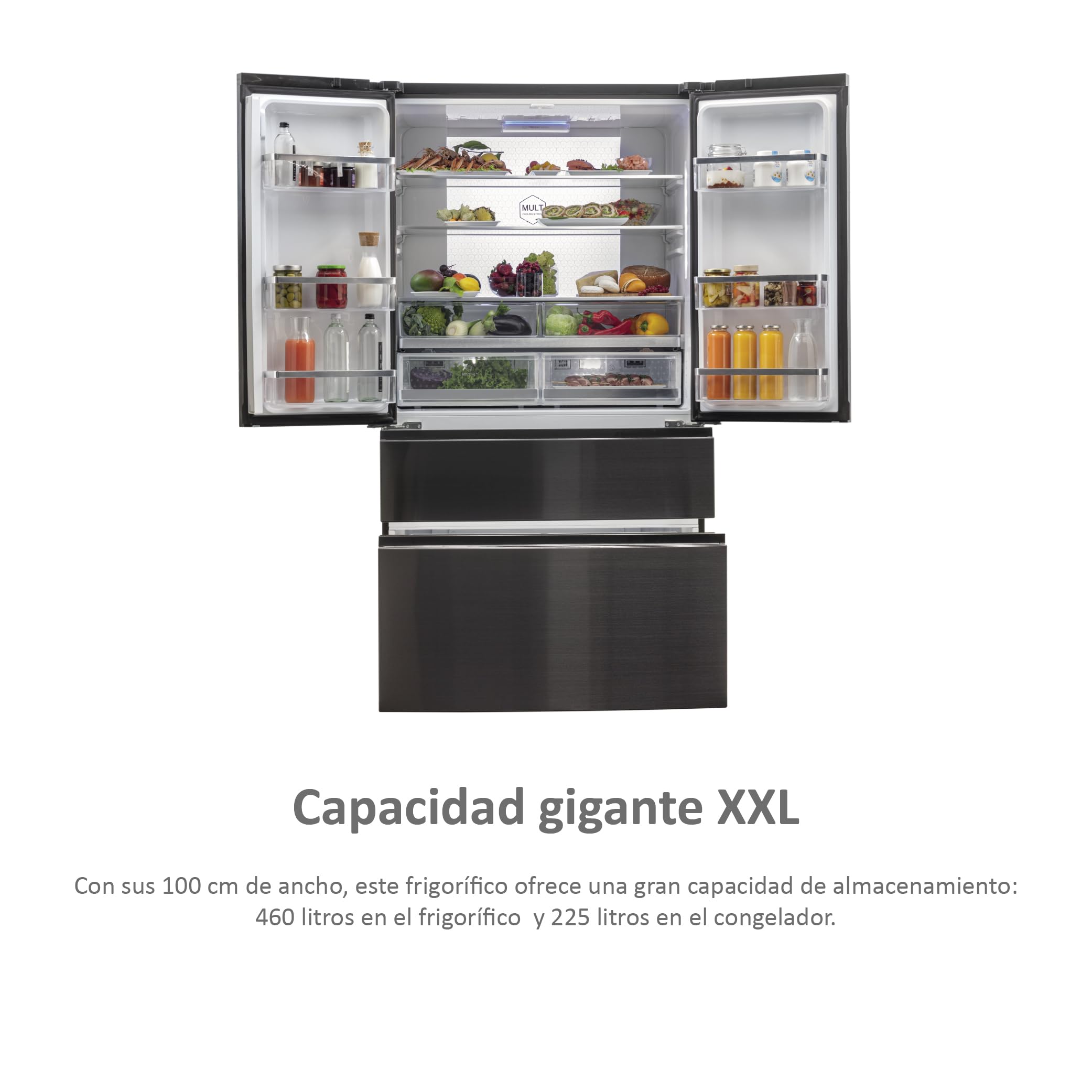 Haier FD 100 Series 7 HB26FSNAAA - Frigorífico, Puerta Francesa, Fabricación de Hielo Automática, Tecnología Antibacterias, Motor Inverter, Ancho 100cm, Capacidad XXL,Total No Frost, Titanium