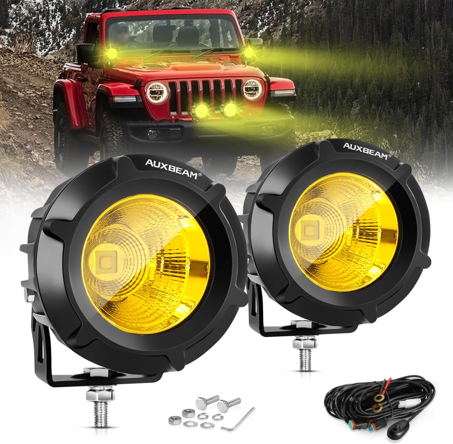 Auxbeam Amber Fog Lights, 3.5 Inch 50W Round Led Offroad Light 5000LM Yellow Round Led Pods with Wiring Harness Kit, Spot Flood Combo Driving Lights for Truck ATV UTV Motorcycle Off-Roading