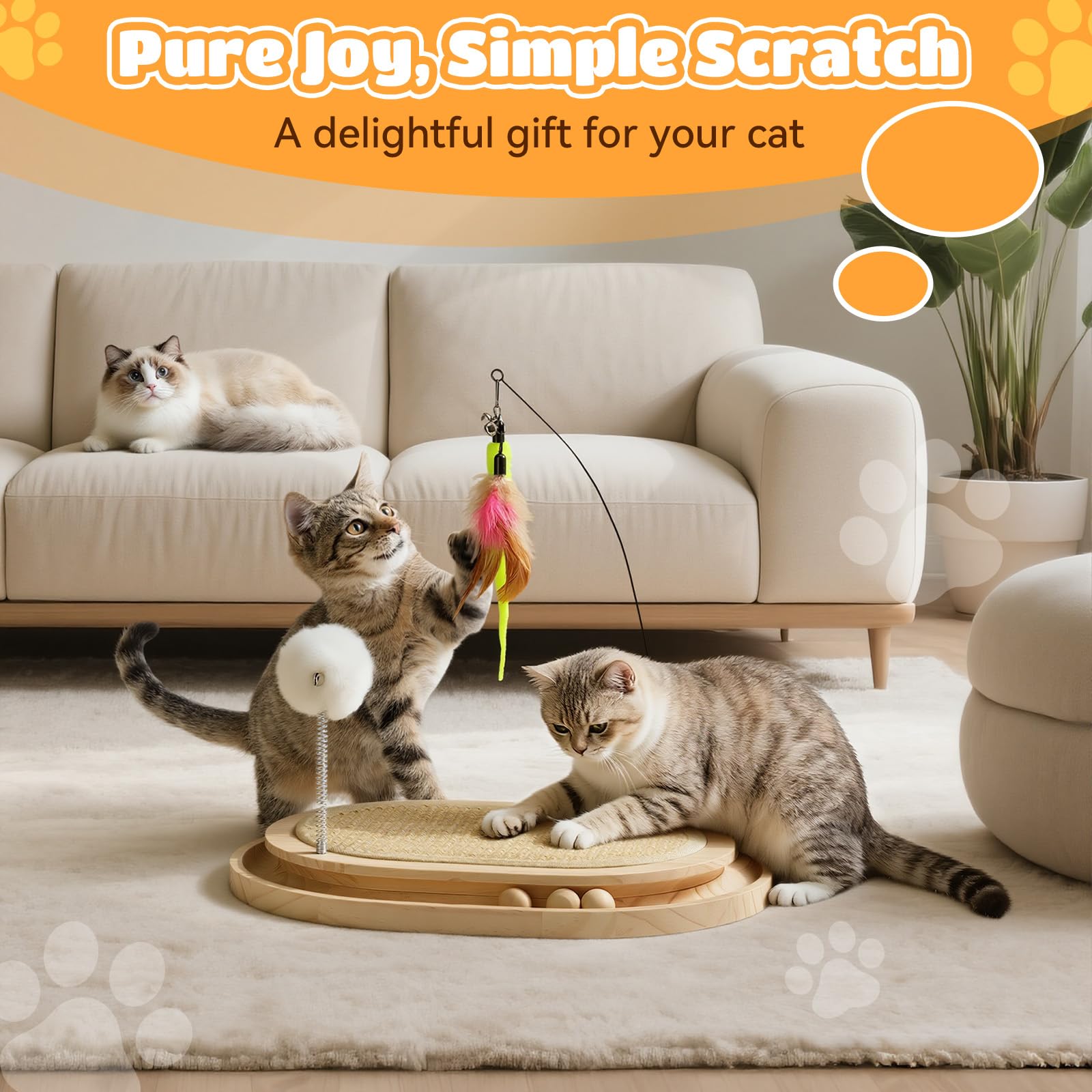 Tiragraffi per Gatti in Sisal Giocattolo Interattivo per Gattini | Tappetino con Pista a Sfere e 3 Giochi in Peluche, Caccia e Allenamento, Tiragraffi Rotondo in Legno da Interno