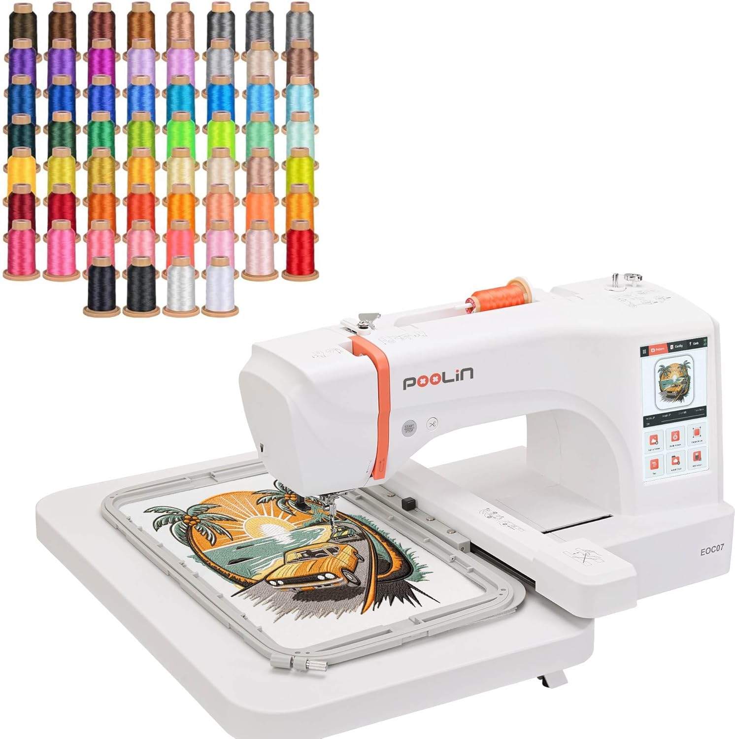 Poolin EOC07 Embroidery Machine Bundle with 60 Color 800m Polyester Thread, Built on Standard Accessories, 7.9x15 Large Embroidery Area