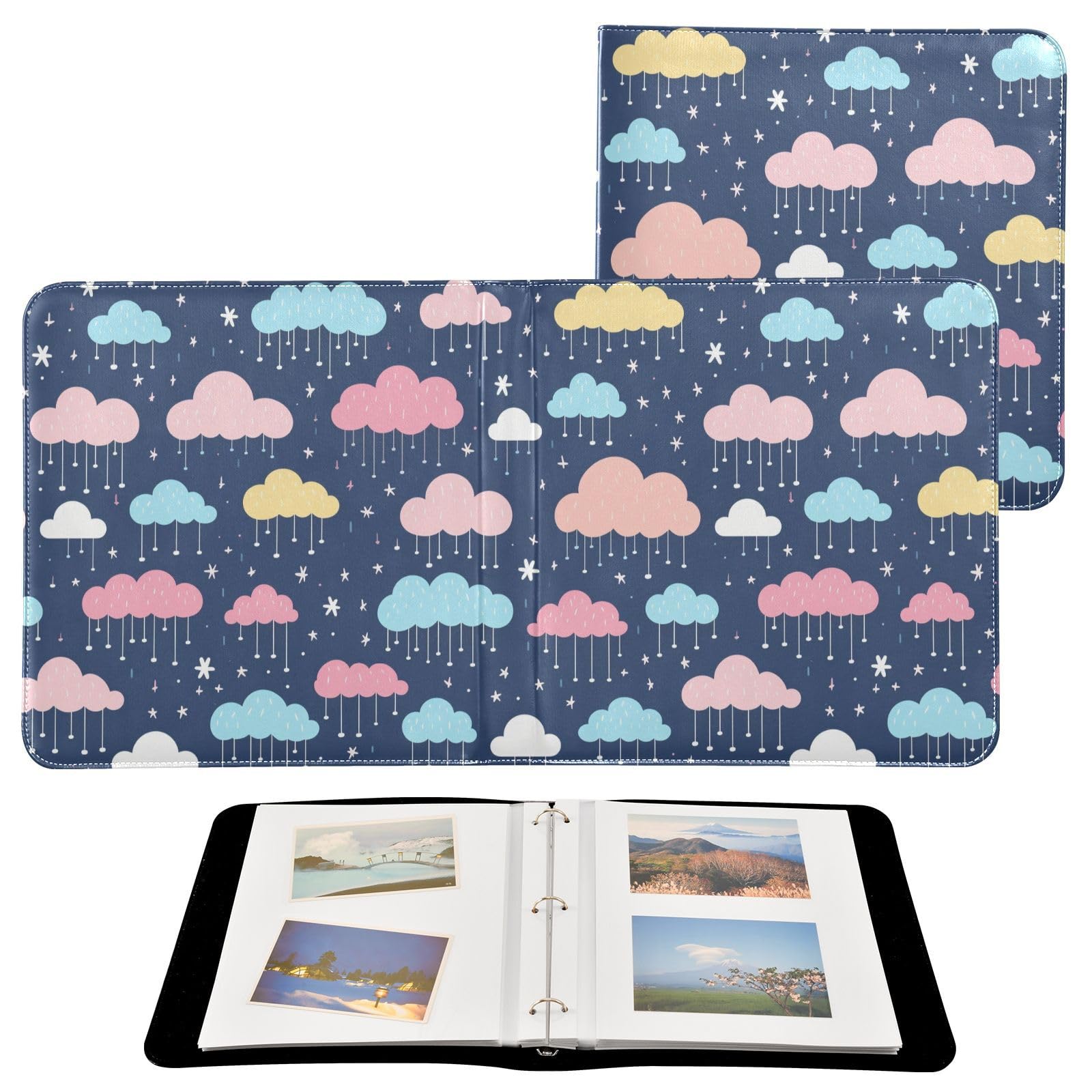 JIPONI Funny Clouds in Rain Large Photo Album, DIY Leather Cover Scrapbook Albums for 4x6 5x7 6x8 Pictures, Self Adhesive Memory Book for Wedding, Baby, Family