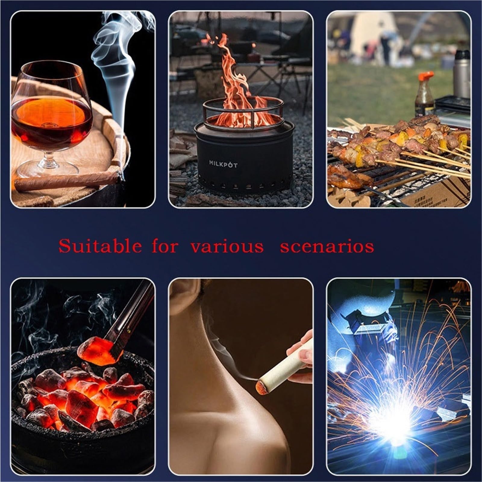 Briquet tempête au butane - Flamme réglable - Rechargeable - Avec interrupteur de verrouillage de flamme - Idéal pour barbecue, feu de camp en plein air, cadeaux