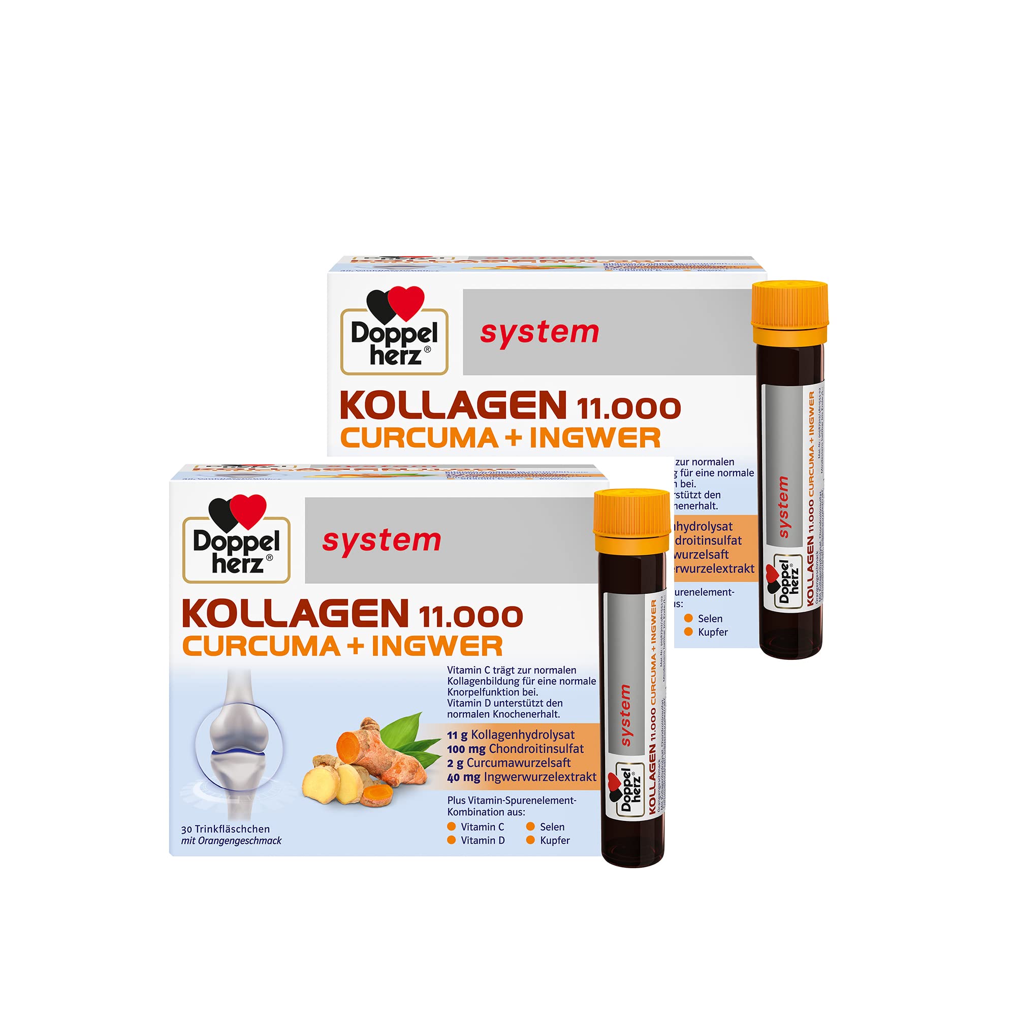 Doppelherz system KOLLAGEN 11.000 CURCUMA + INGWER - Mit Orangen-Geschmack | Vitamin C trägt zur normalen Kollagenbildung für eine normale Funktion von Knorpeln und Knochen bei – 2 x 30 Trinkfläschchen