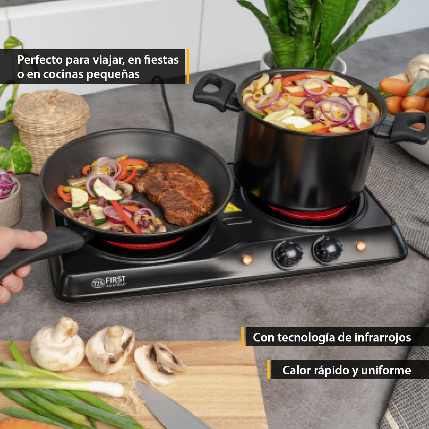 TZS First Austria - Placa de cocción doble infrarrojos vitrocerámica TODOS los tipos de ollas 2000W - Mini Hornillo eléctrico para mudanza, camping y hogar - Regulación continua y luz de control