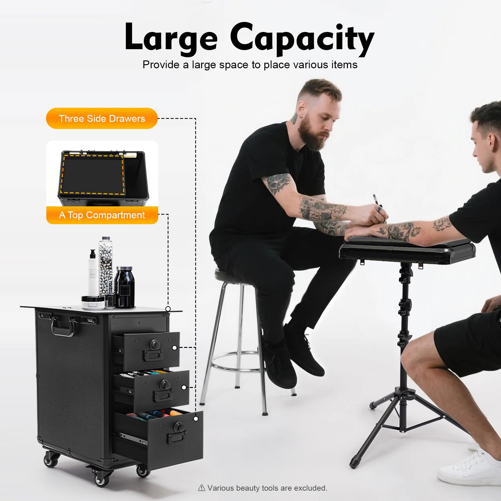 LyeXD Rolling Tattoo Trolley Case with Wheels, 3 Drawers Adjustable Tattoo Workstation Portable Tattoo Station with Combination Lock & Removable Tripod, Tattoo Work Station for Stylists