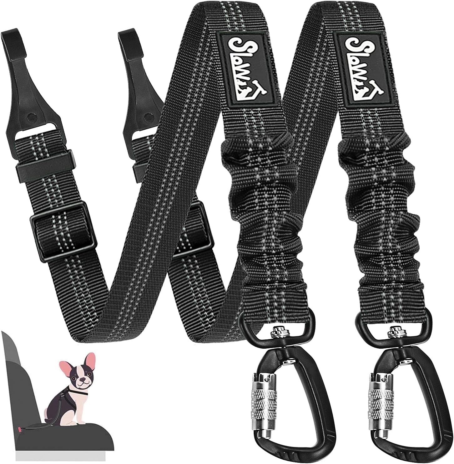 SlowTon Dog Car Seat Belt, Pet Seatbelt Clip Tether Puppy Safety Latch Bar Attachment Harness Leash Small Medium Large Dogs Adjustable Restraint Lockable Swivel Carabiner for Doggie Travel (2PC-B)