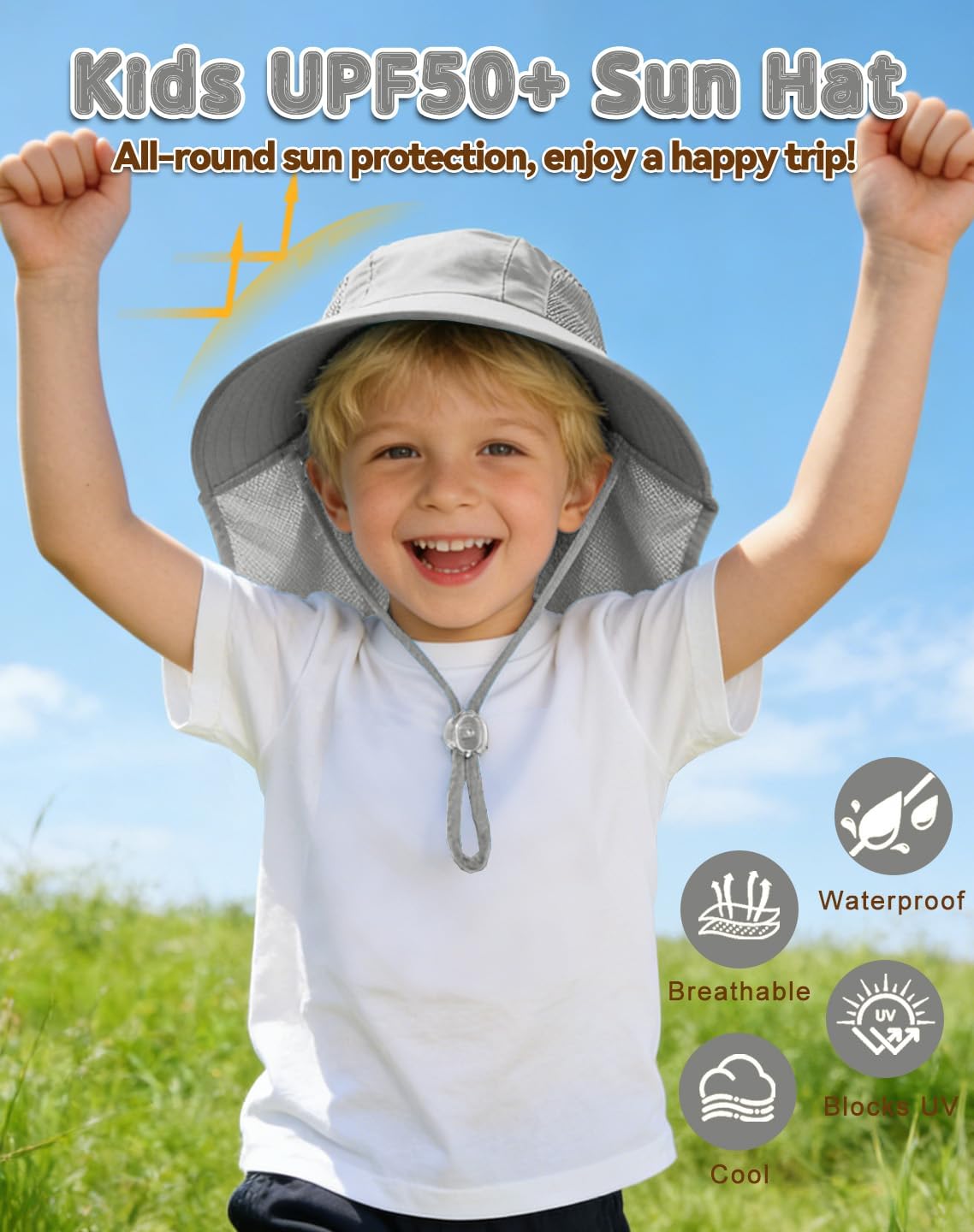 Rosoz Kids Sun Hat with Neck Flap UV Protection Summer Toddler Beach Hat Unisex Ponytail Hat Wide Brim Fishing Hat - Image 2