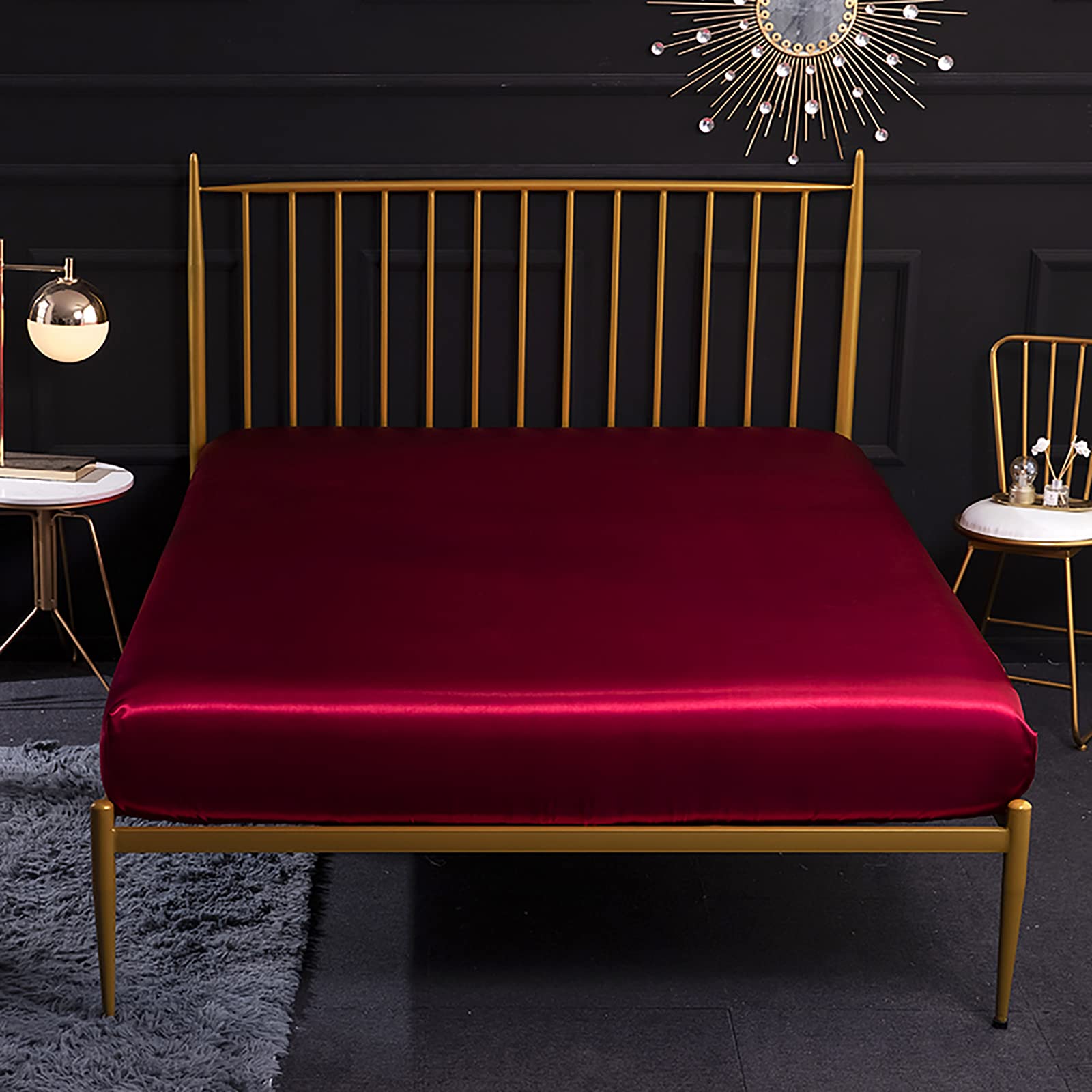 Jemiipee Juego de Sabanas de Cama Raso Color Sólido, 1 x Sábana Bajera Ajustable 180x200 cm con 35 Bolsillo Profundo, 1 x Encimera y 2 x Fundas de Almohada, Rojo Burdeos
