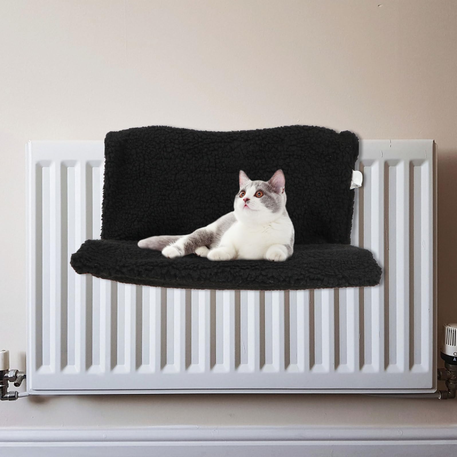 Hemobllo Amaca per Gatto Struttura in Metallo Nero, Supporto in Poliestere e Lino, Risparmio Spazio e Ecologico, per Caldo Gatto in Inverno