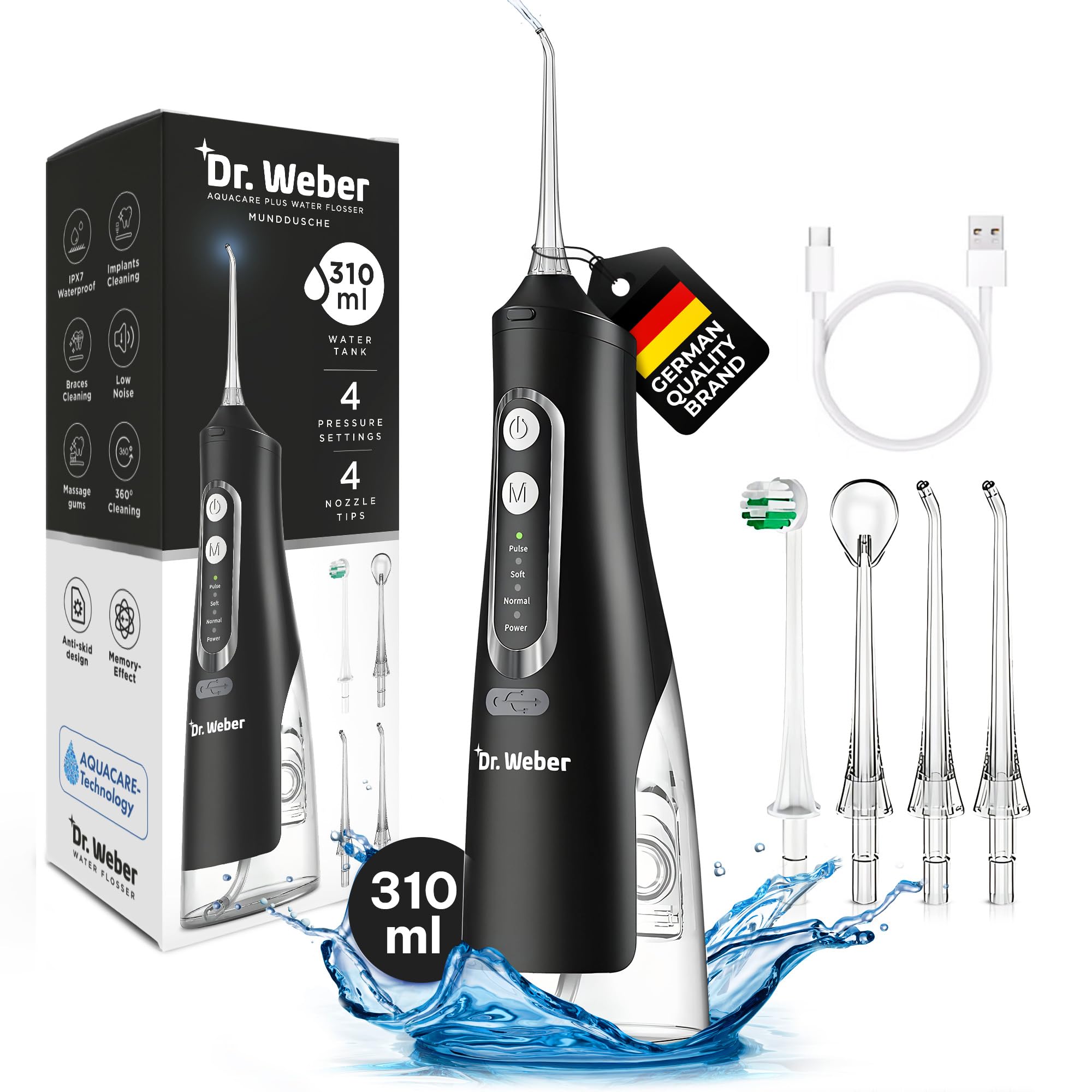 Dr. Weber Aquacare Oral Irrigator, Medical Aquacare Technology for Optimal Gum and Dental Care, Interdental Cleaner with 4 Modes and 4 Nozzles (Black, Pack of 1)