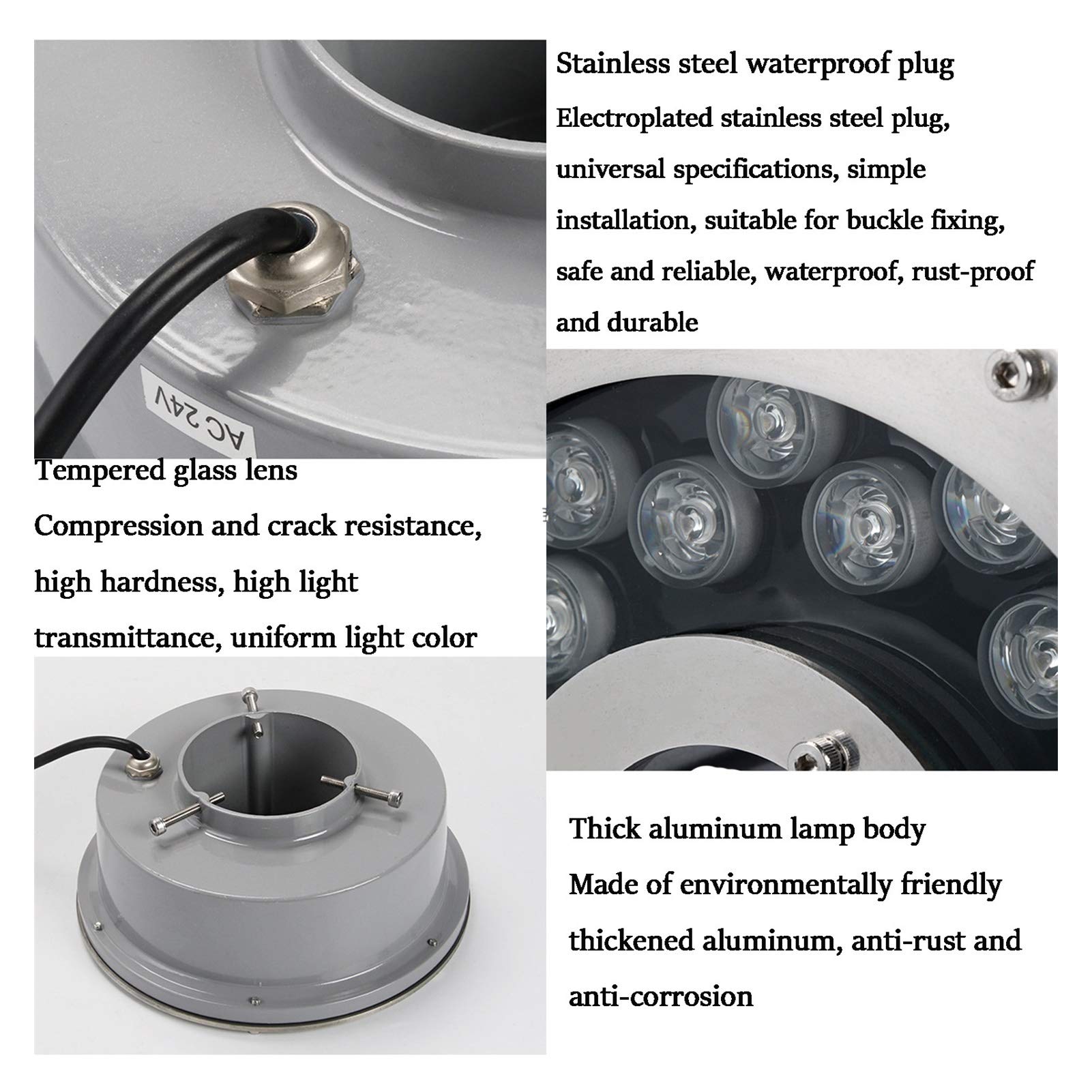 Luci per fontane a LED subacquee, Parte Superiore in Acciaio Inox | Grado di Protezione IP68 | 12 V 18 W | Cavo di Alimentazione di 2 m Incluso (RGB)