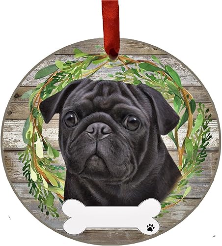 E&S Imports Adorno de carlino negro  E&S Pets  DIY personalizable  Regalos para perros  Adorno redondo de cerámica con acabado esmaltado  Decoración