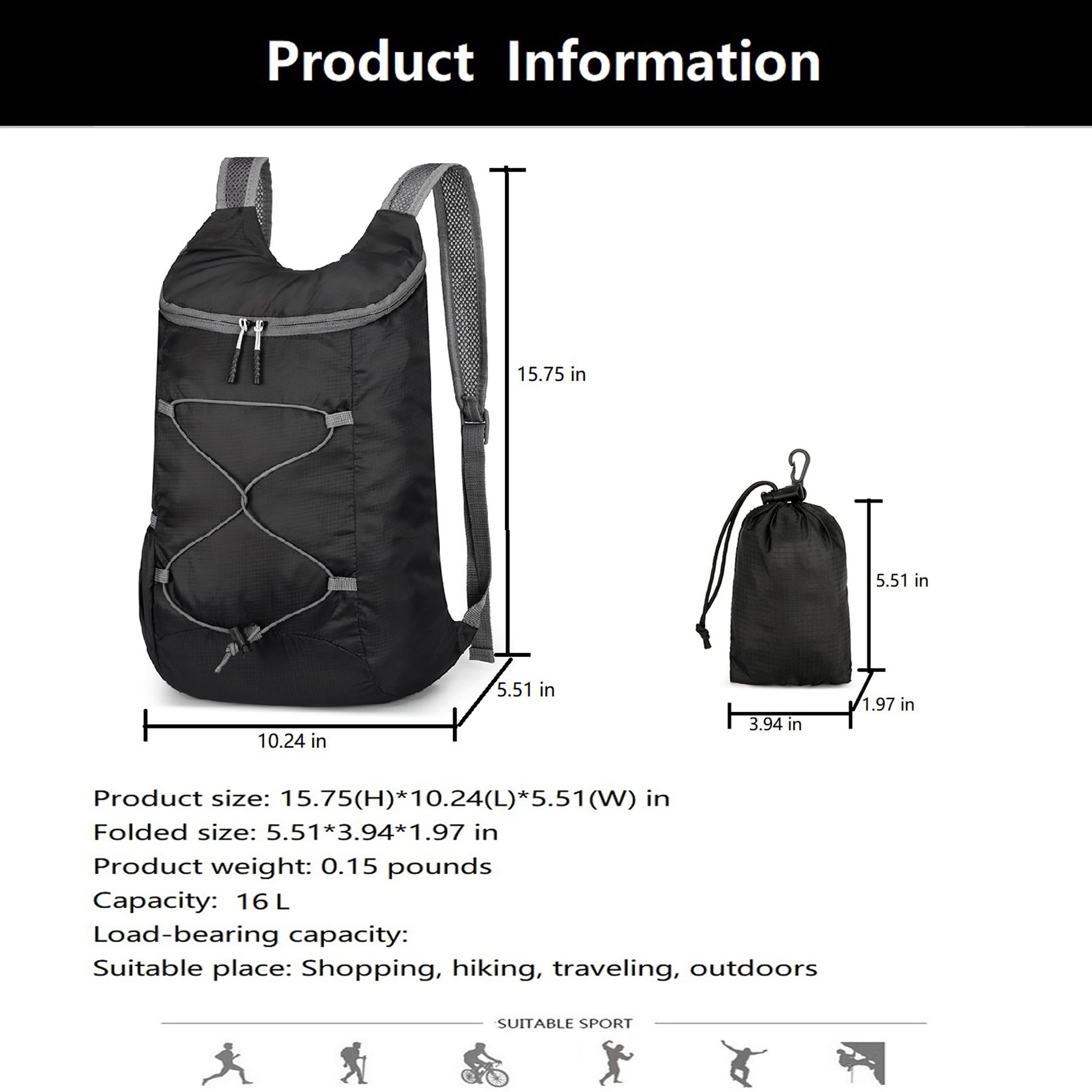 Mochila de senderismo plegable ligera de 16L para viajes, resistente al agua, bolsa de gimnasio para hombres y mujeres, Negro y gris, Pequeño, Ligero, plegable 4
