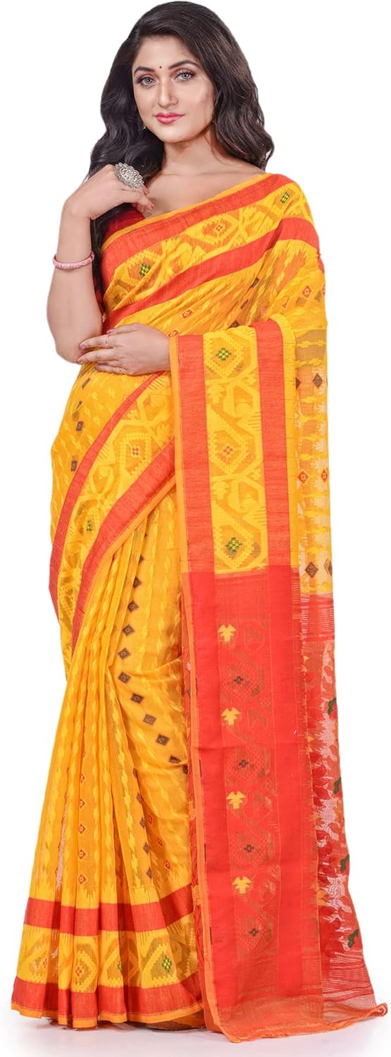dB DESH BIDESH Women`s Oporajita Design Dhakai jamdani Bengal Pure Cotton Saree Whole Body Design