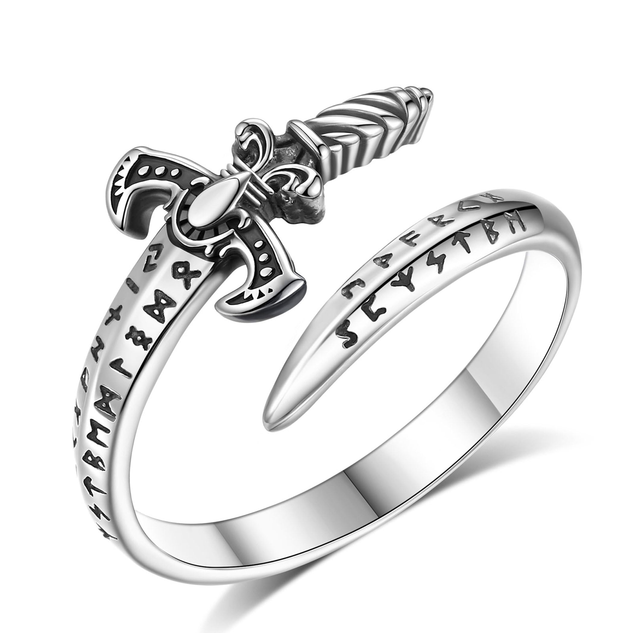 AEONSLOVE Anello Drago/Teschio Gotico Argento 925 per Uomo Donna, Anelli Regolabile Rune Vichinghe/Lupo Vintage, Anello Aperto Serpente con Ossidiana/Tetragrammaton Pentacolo