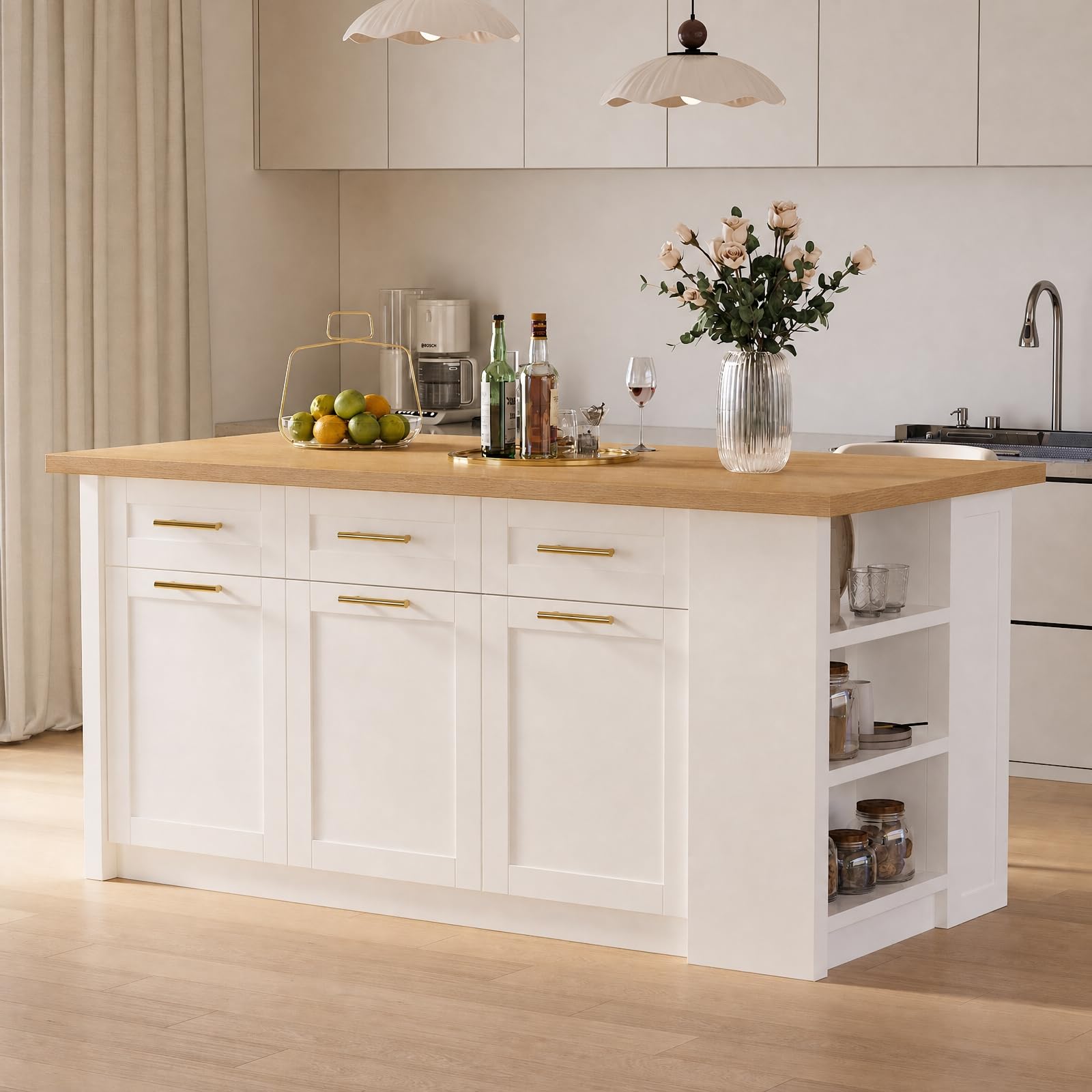 homary 72" Natural White Kitchen Island with Storage, Engineered Wood Top, Modern Kitchen Table for Dining Room
