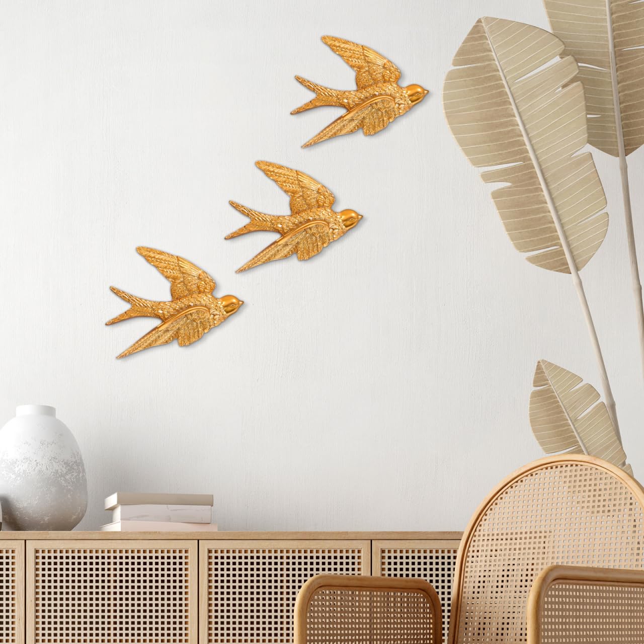 Alipis Lot de 3 sculptures murales d'hirondelle en résine dorée - Décoration murale 3D sculptée pour maison, chambre à coucher, jardin