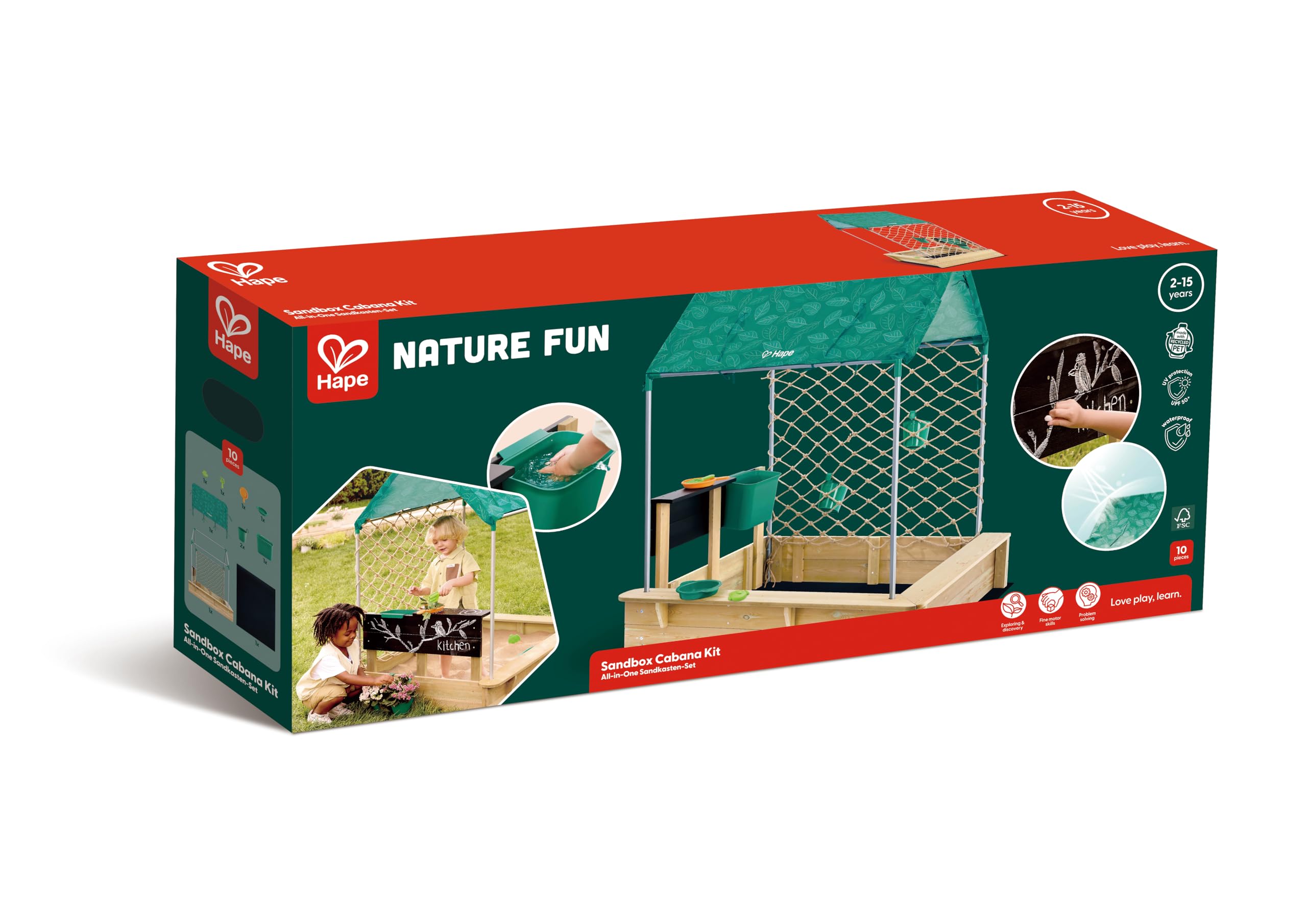 Hape Outdoor Sandkasten mit Dach, Netz & Spielzubehör – All-in-One Sandkasten-Set, Outdoor Spielzeug