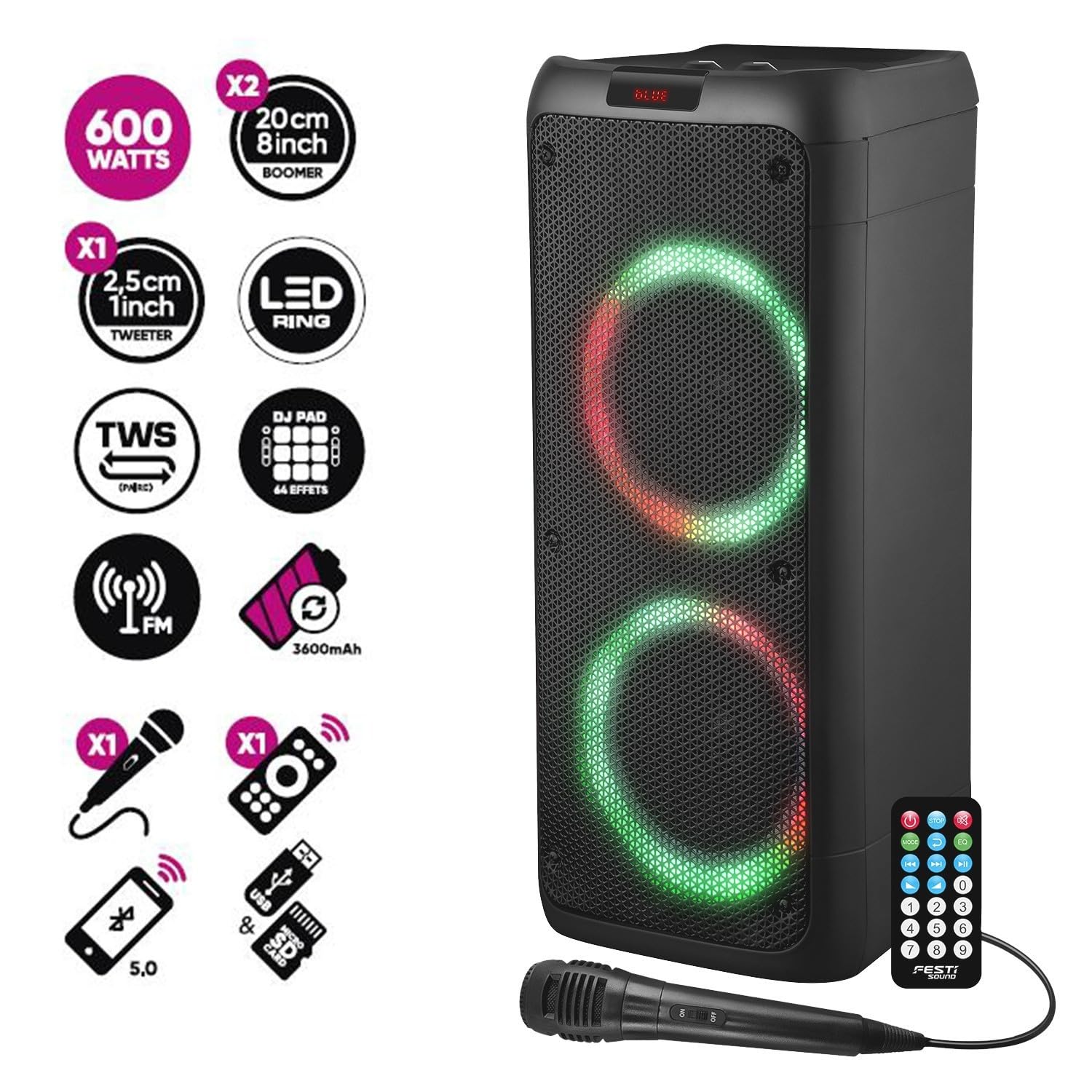 Enceinte Sonorisation - Party Karaoké Sunset 208-600W USB/SD/PC Bluetooth, Micro Filaire, 2X Boomer à LED RVB + Soucoupe Ovni