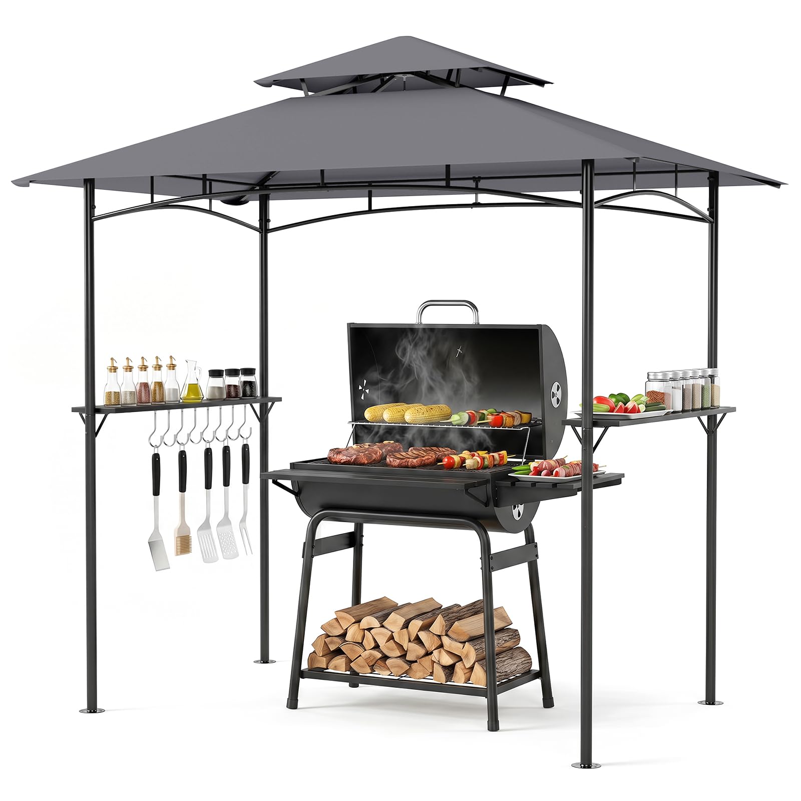 COSTWAY Gazebo Esterno Resistente con Tettoia a Due Livelli, Gazebo per Barbecue con 2 Tavoli da Bar in Metallo e 8 Ganci Laterali, Pergolato da Giardino per BBQ, Feste e Picnic, 245 x 151 x 192 cm