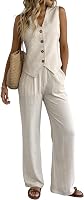 heipeiwa Women's Linen 2 Piece Vest Waistcoat Wide Leg Pants Suit - Casual Dressy Set 3 Lengths