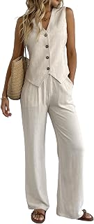 heipeiwa Women's Linen 2 Piece Vest Waistcoat Wide Leg Pants Suit - Casual Dressy Set 3 Lengths