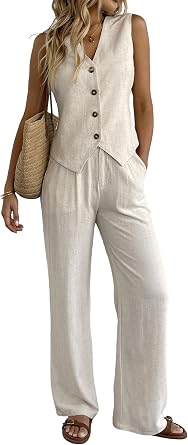 Womens 2 Piece Outfits Linen Vest Waistcoat Dressy Casual Sets Wide Leg Pants Suits
