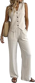 Women's 2 Piece Outfits Linen Vest Waistcoat Dressy Casual Sets Wide Leg Pants Suits