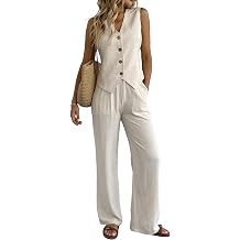 Womens 2 Piece Outfits Linen Vest Waistcoat Dressy Casual Sets Wide Leg Pants Suits