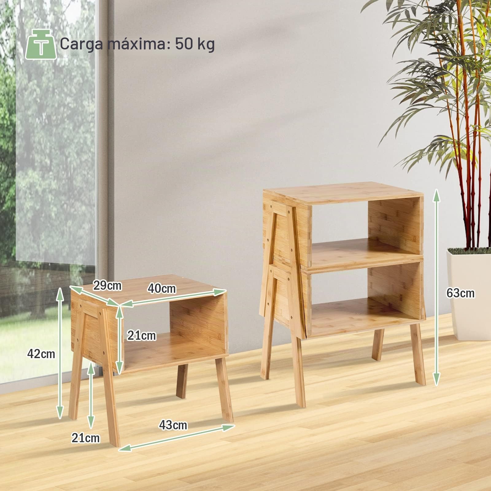GIANTEX Juego de 2 Mesas Auxiliares de Bambú, Mesitas de Noche, Apilables,Capacidad de Carga de 50 kg,43 x 29 x 42 cm