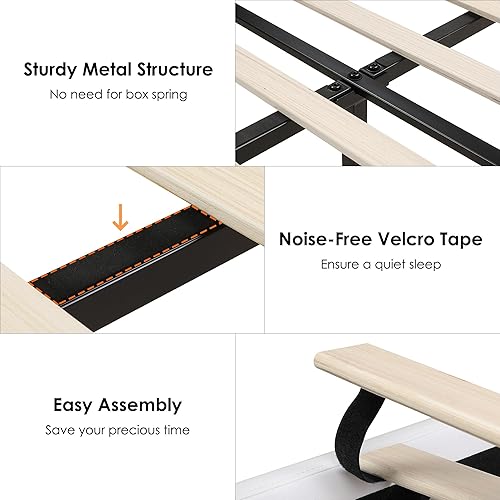 Miniatura 7 de Keyluv Armazón de cama moderno tapizado de piel sintética con cabecero curvado y decoración de espejo de metal, soporte de tablillas de madera, no