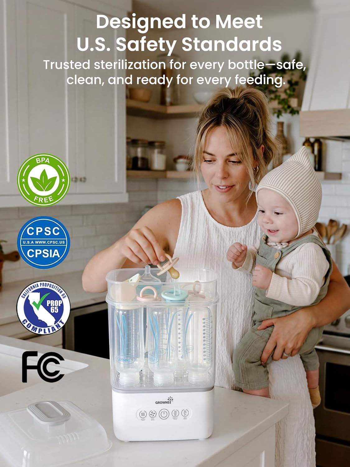 Grownsy Bottle Sterilizer and Dryer, 6 Bottles Capacity, Space Saving Nesting Design Bottle Sanitizer Esterilizador de Biberones for All Size Bottles & Breast Pump Accessories, Travel Set Included