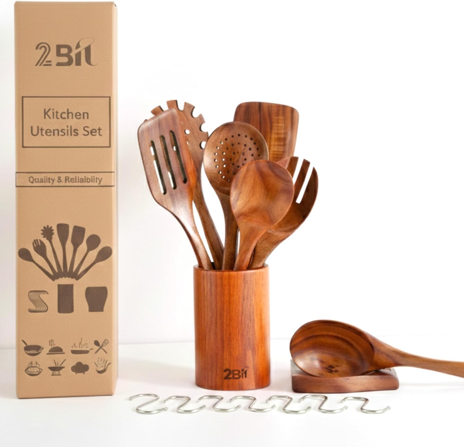 2Bitglobal Teak Wood Kitchen Utensil Set (9 Piece) – Wooden Spoons for Cooking & Spatula Set with Holder, Spoon Rest & Hooks – Premium Teak Wooden Cooking Utensils