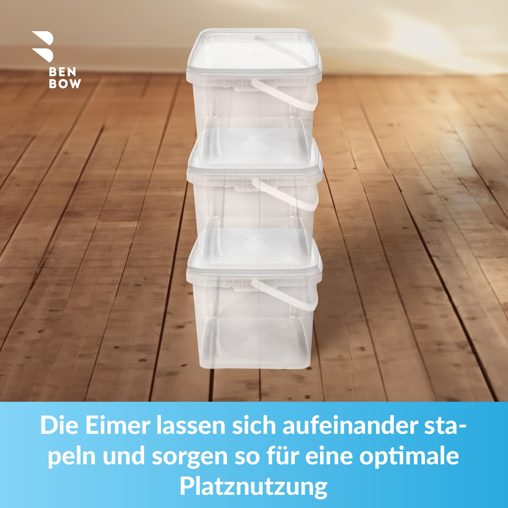 BenBow Rechteckiger Eimer mit Deckel 1000x 5l transparent - lebensmittelecht, stapelbare Kunststoffbox mit Henkel - luftdicht, auslaufsicher, geruchsneutral, ideal für Haushalt und Gewerbe - leer