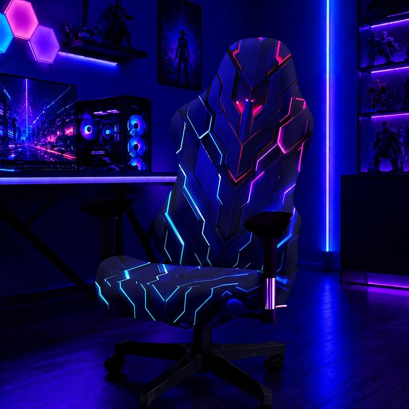 Blacklight Mecha Gaming Chair Cover, Computer Chair Slipcover | Glows Neon under Black Light, Cyber Armor, Stretch Spandex Washable Seat Cover, Office Desk Chair Protector, Gamers Teens