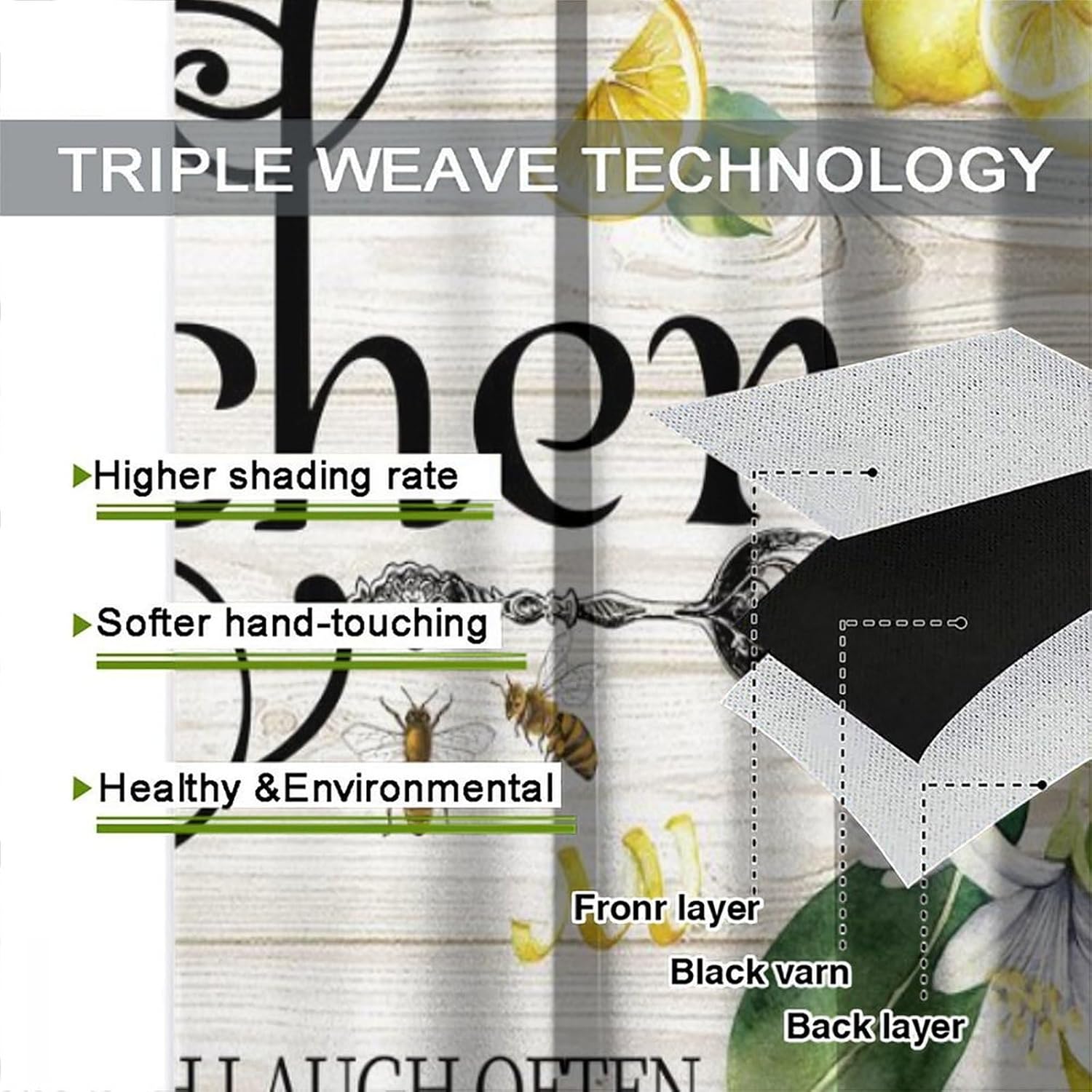 Lemon Kitchen Curtain Vintage Fruits Tableware Black White Grid Pattern Blackout Print Rod Pocket Window Drapes for Bedroom Living Room 42x54in