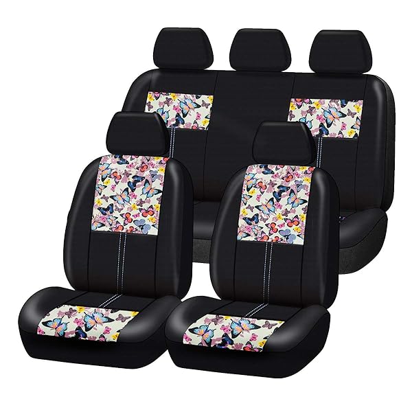 CAR-GRAND Universal Fit Pretty Butterfly and Flowers PU Leather Car Seat Covers with Zipper Design, Full Set Package,Airbag Compatible (Black with Beige)